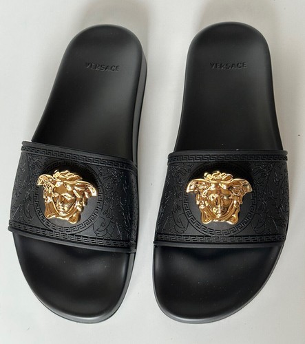 Pre-owned Versace Gold Medusa Head Slides Sandals Black 11 Us (41 Eu) Dsr262cn It $450