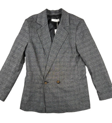 MNG Mango Double Breasted Blazer Womens M Gray Rayon Stretch Plaid Pockets NWT