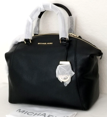 MICHAEL KORS RILEY BLACK GOLD LEATHER TOP ZIP MEDIUM SATCHEL BAG PURSE NWT