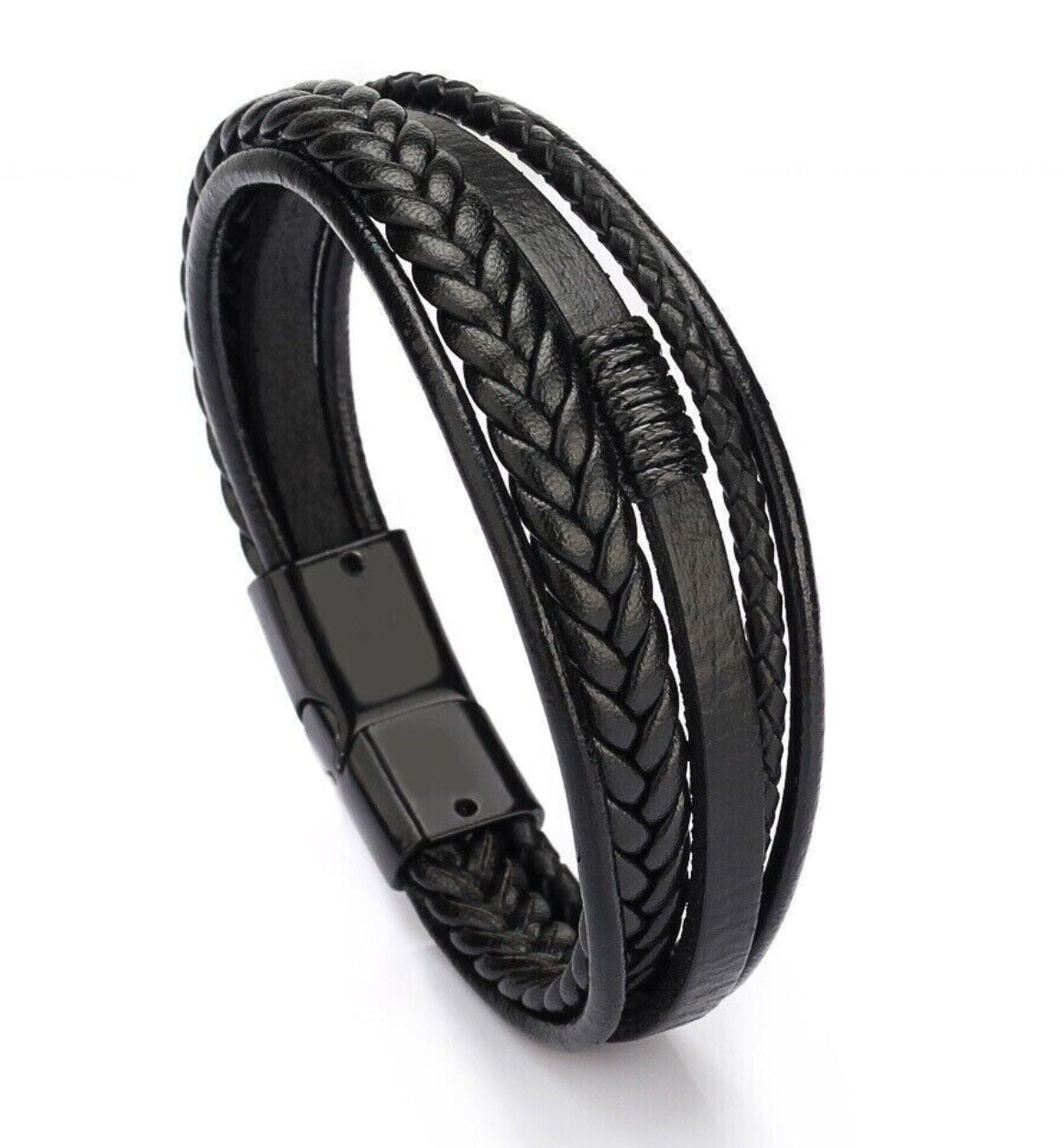 Men Jewelry Black Braided Leather Bracelet Multi-Layer Stainless Steel Clasp US