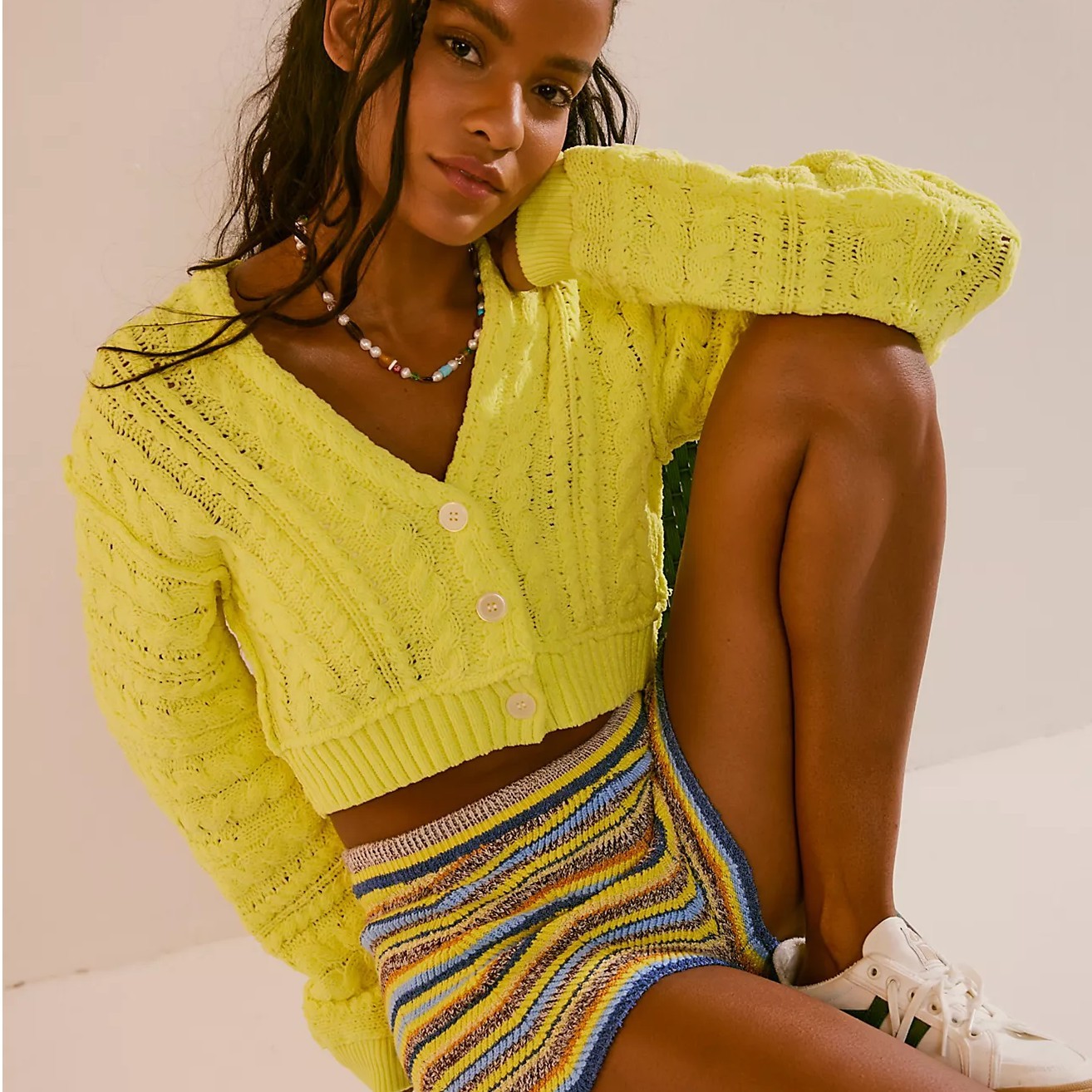 NWT FREE PEOPLE Sadie Cable Cardigan Crop Relaxed Limelight Bright Yellow XL