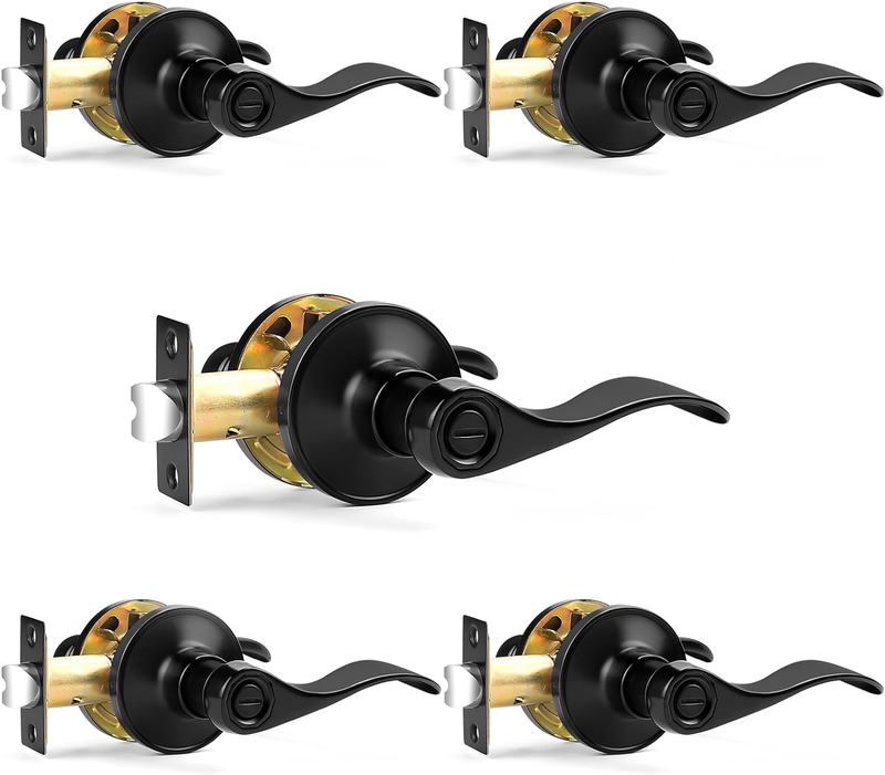 Interior Black Door Handles, Bedroom Bathroom Door Lever, Privacy Wave Style Reversible Door Handle, 5 Pack