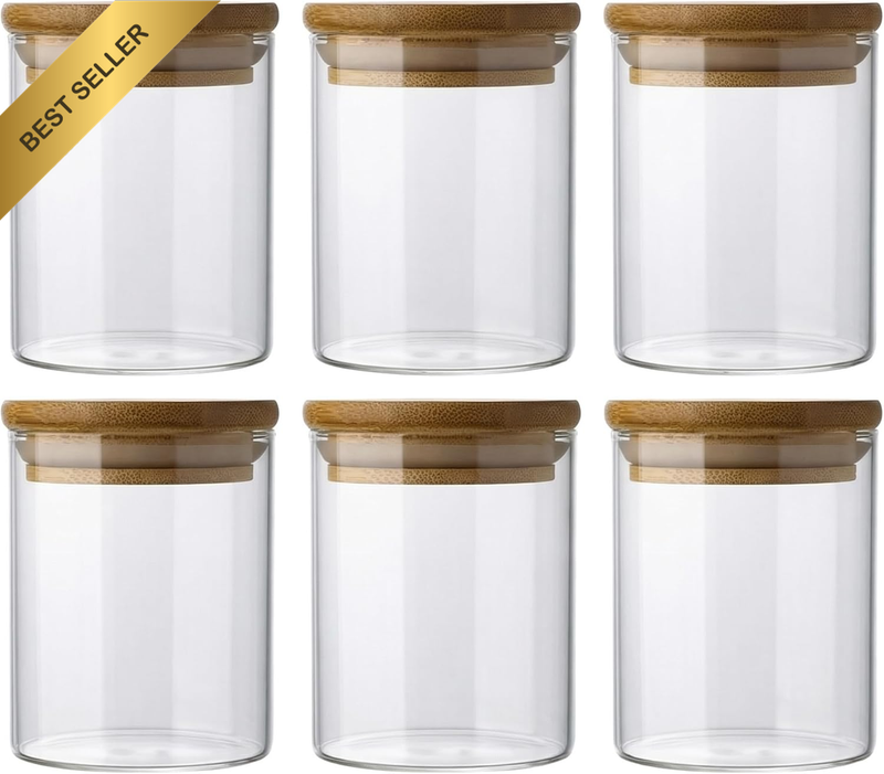Glass Spice Jars with Bamboo Lids 6 Pack, 200Ml Tea Coffee Sugar Canisters Set,