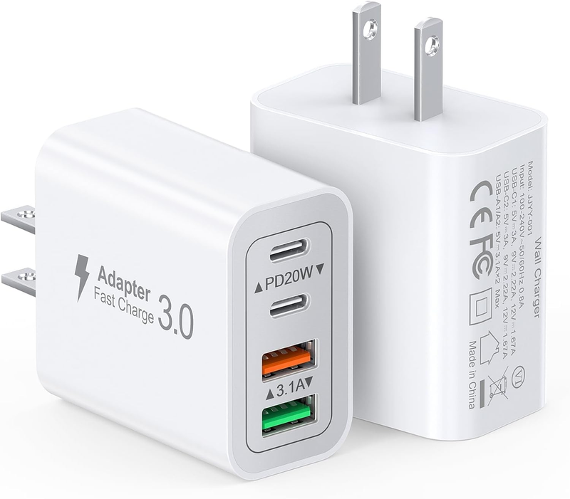 40W USB C Charger Block, 2-Pack Wall Plug Fast Charging Block, 4-Port PD+QC Powe