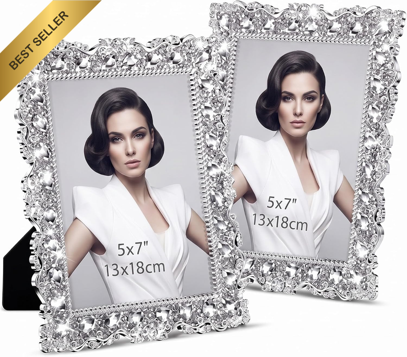2 Pack Crystal Photo Frame, Resin Wedding Picture Frame with Rhinestones for 5X7