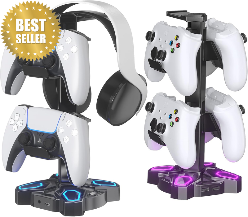 Gaming Headphones Stand, Rotatable Headset Stand with 9 Light Modes - Controller