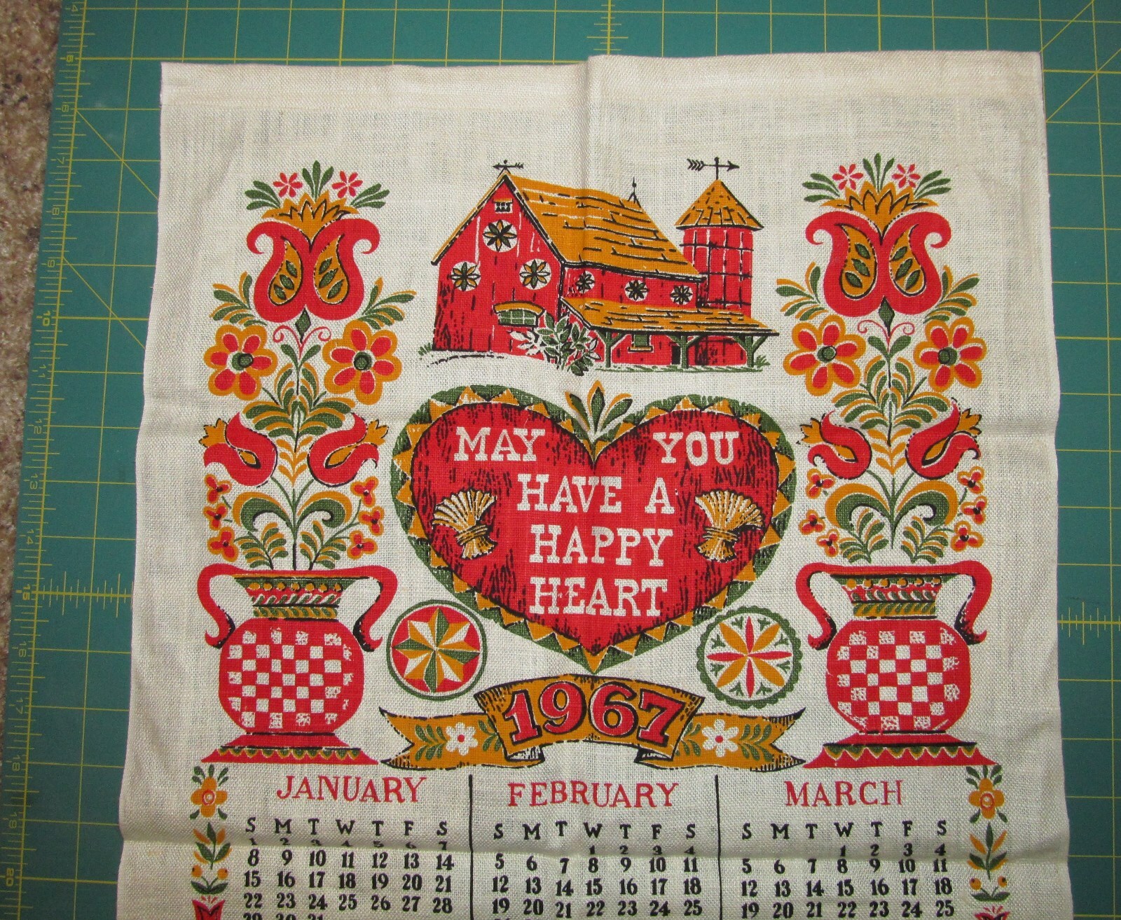 Vintage 1967 Linen Cloth Wall Calendar Tea Towel NEVER USED 