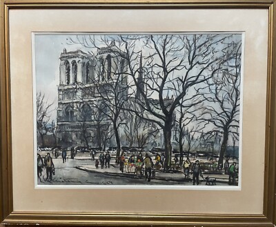 Tableau NOTRE-DAME DE PARIS 58x71 Aquarelle Signé Émile MÉNÉTRIER 1954