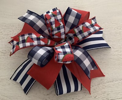Summer Watermelon Check  Wreath Bow, Lantern Bow, Red White & Blue - Handmade