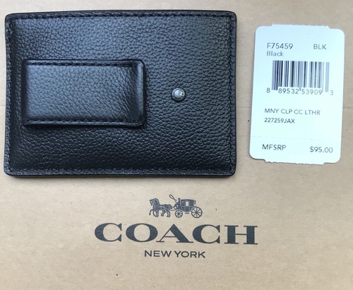 Coach Money Clip Card Case Black Calf Leather F75459 New Mens Wallet Great Gift!