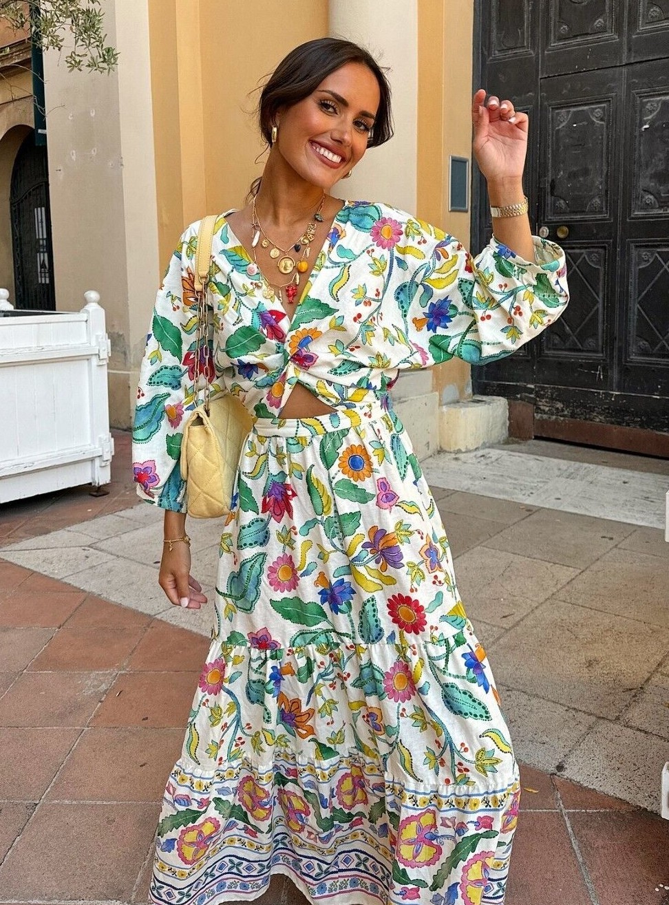Zara Printed Linen Blend Dress With Knot Floral Multi XS S Zara Printed Linen Blend Dress With Knot Floral Multi XS S