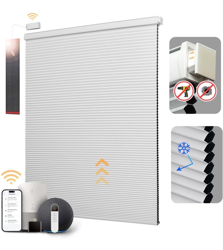 No Drill Motorized Cellular Shades with Remote, Cordless Smart Honeycomb