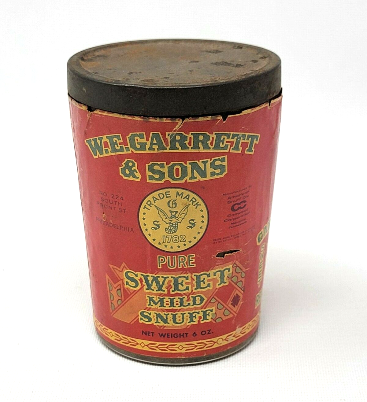 Vintage W.E. GARRETT & SONS Sweet Mild Snuff Tin Paper Label Advertising