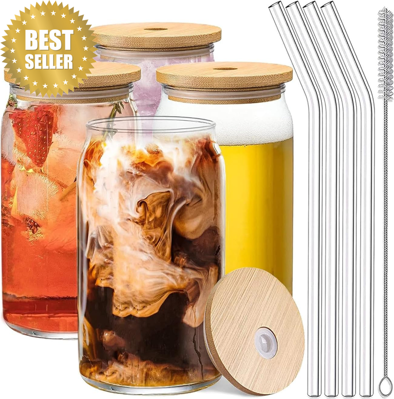Set of 4 Glasses with Bamboo Lids and Straws, 16 Oz Iced Coffee Mugs, Juice Drin