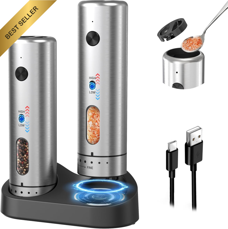 Electric Salt and Pepper Grinder Set with Rechargeable Base, Stainless Steel Ele