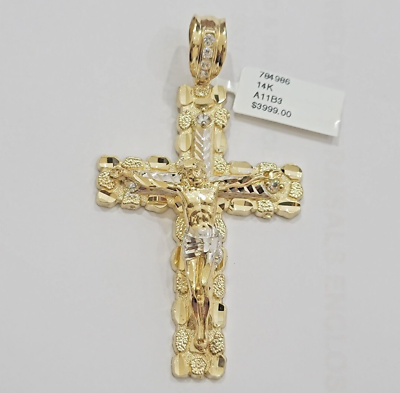 14k Yellow Gold Cross Nugget Pendant Jesus Crucifix 3 Inch 14kt