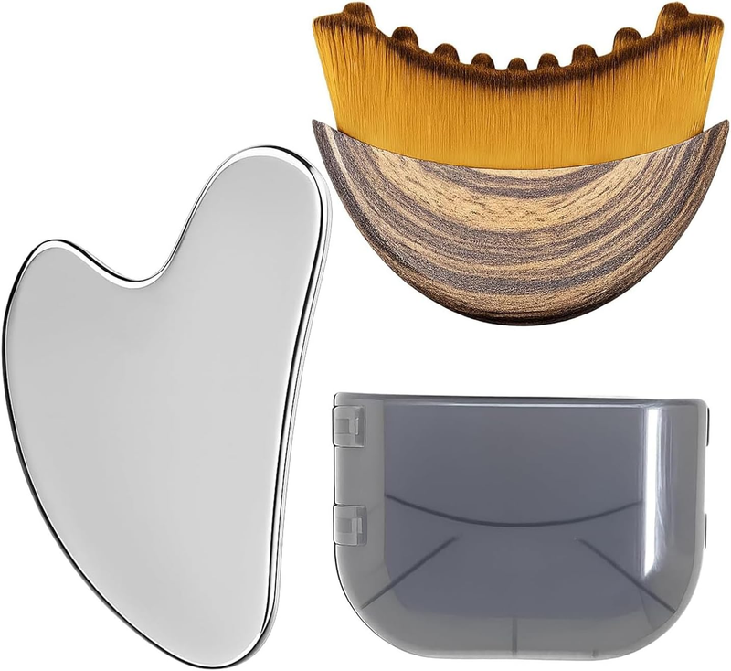 Stainless Steel Gua Sha Tool & Lymphatic Drainage Face Brush Set, Facial Massage