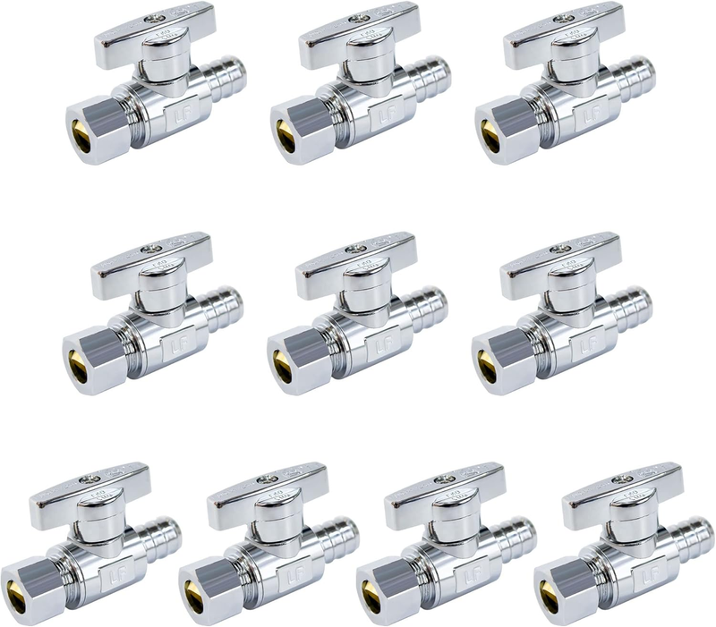 Straight Stop Valve 10 Pack, 1/2" Pex x 3/8" OD Compression Shut Off Valve with