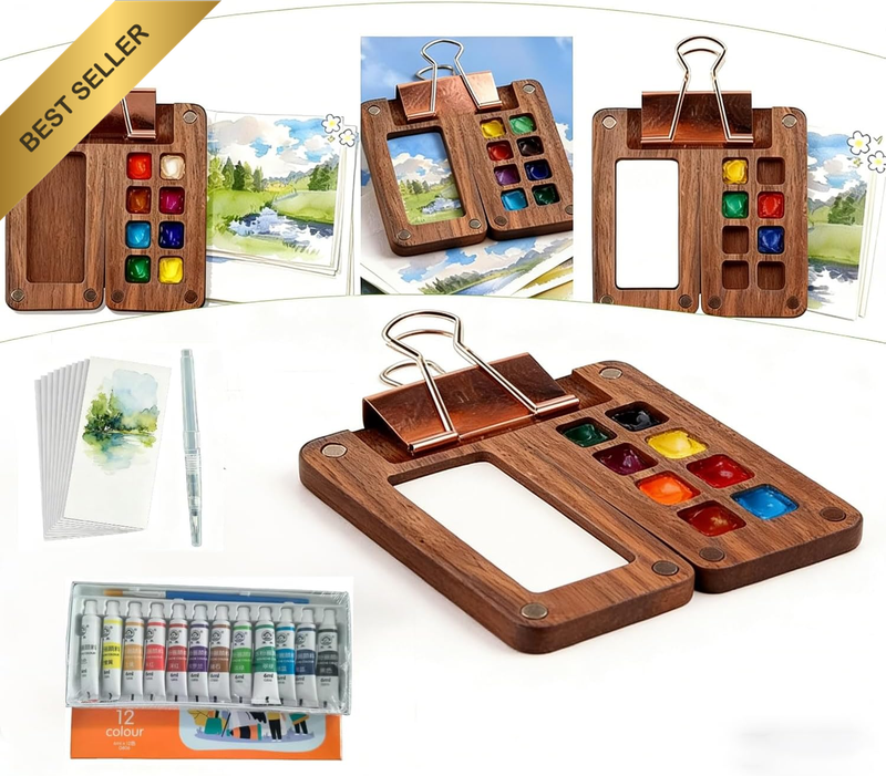 Mini Watercolor Paint Set Mini Watercolor Travel Set - Pocket Artist Wooden Pale