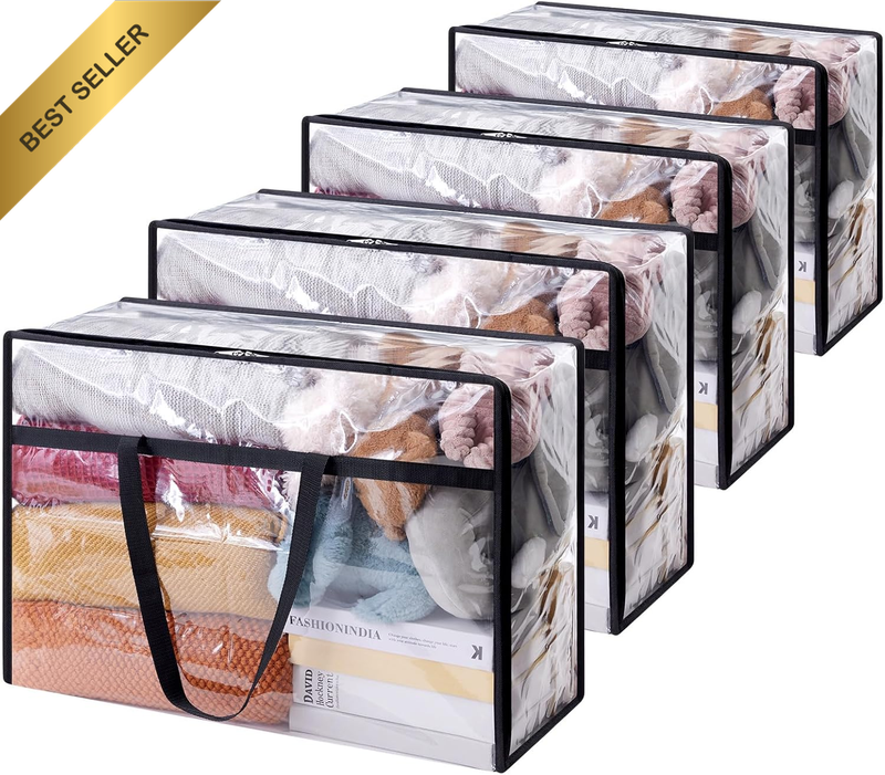 4 Pack Clear Clothes Storage Bags, 60L Plastic Blanket Storage Bags, Vinyl Folda