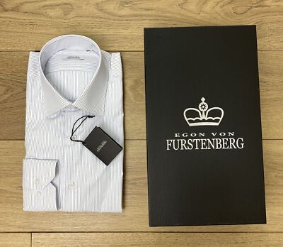 

Мужские рубашки EGON VON FURSTENBERG Базовый белый хлопок в полоску Синий с коробкой, White with blue stripes