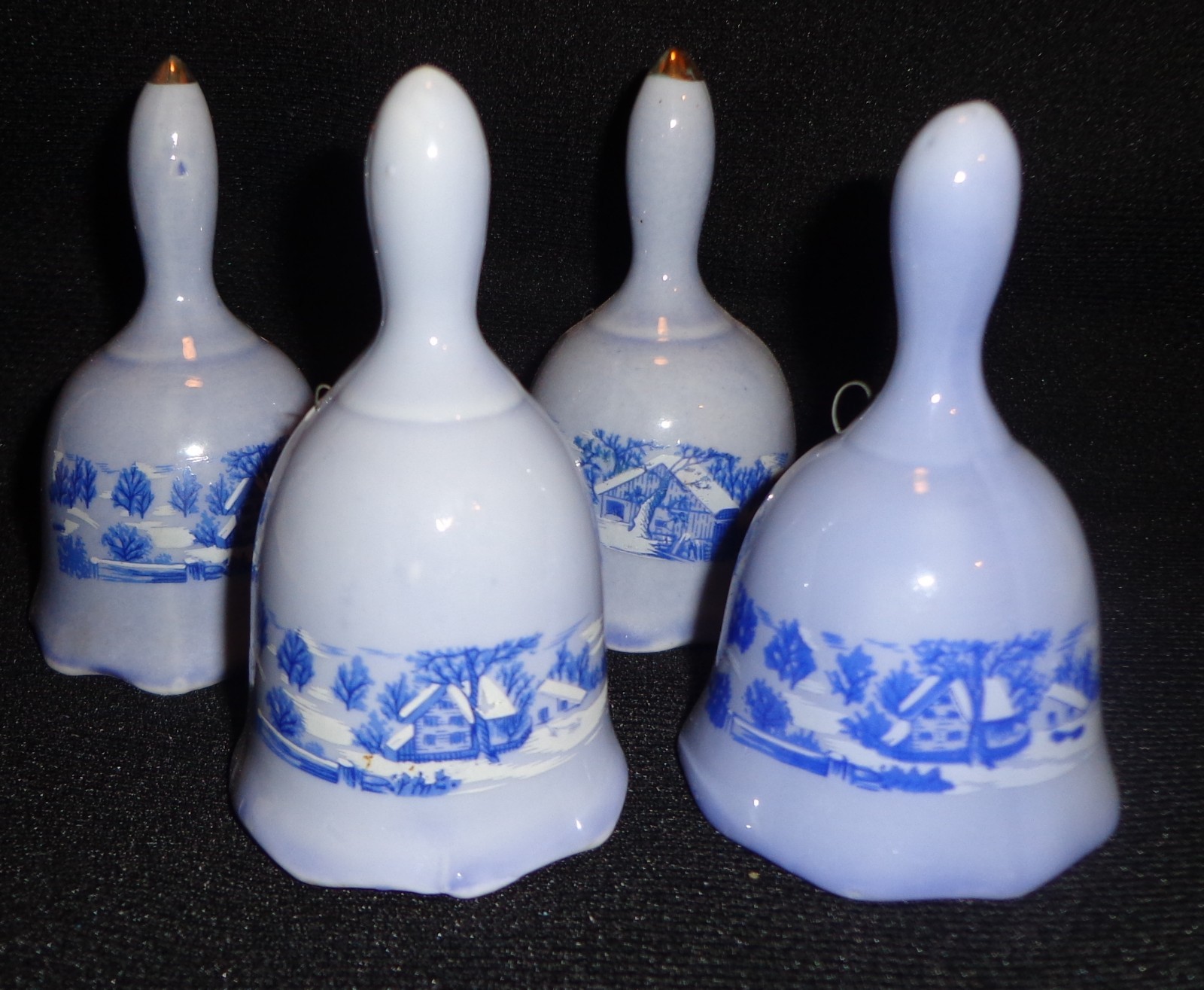 CURRIER & IVES BLUE BELL SET OF 4 WITH CLAPPERS.  VINTAGE PORCELAIN