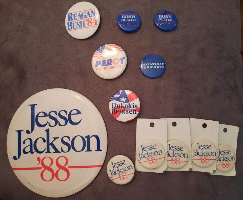 🔥 (12) Presidential Buttons 1984 1988 Reagan Bush Perot Mondale Dukakis Jackson