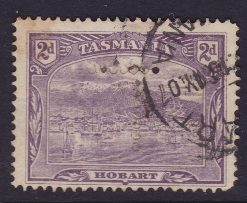 TASMANIA 1907 2D VIOLET QV PICTORIAL WITH "T" PERFIN - HOBART PMK   (KL142D)