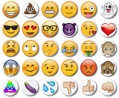 EMOJI -  1" / 25mm Button Badge (Various) - Emoticon Funny Cute Rude, 30 designs