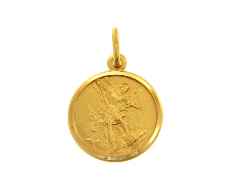 Solid 18k Yellow Gold Saint Michael Archangel 17 Mm Medal, Pendant Made In Italy