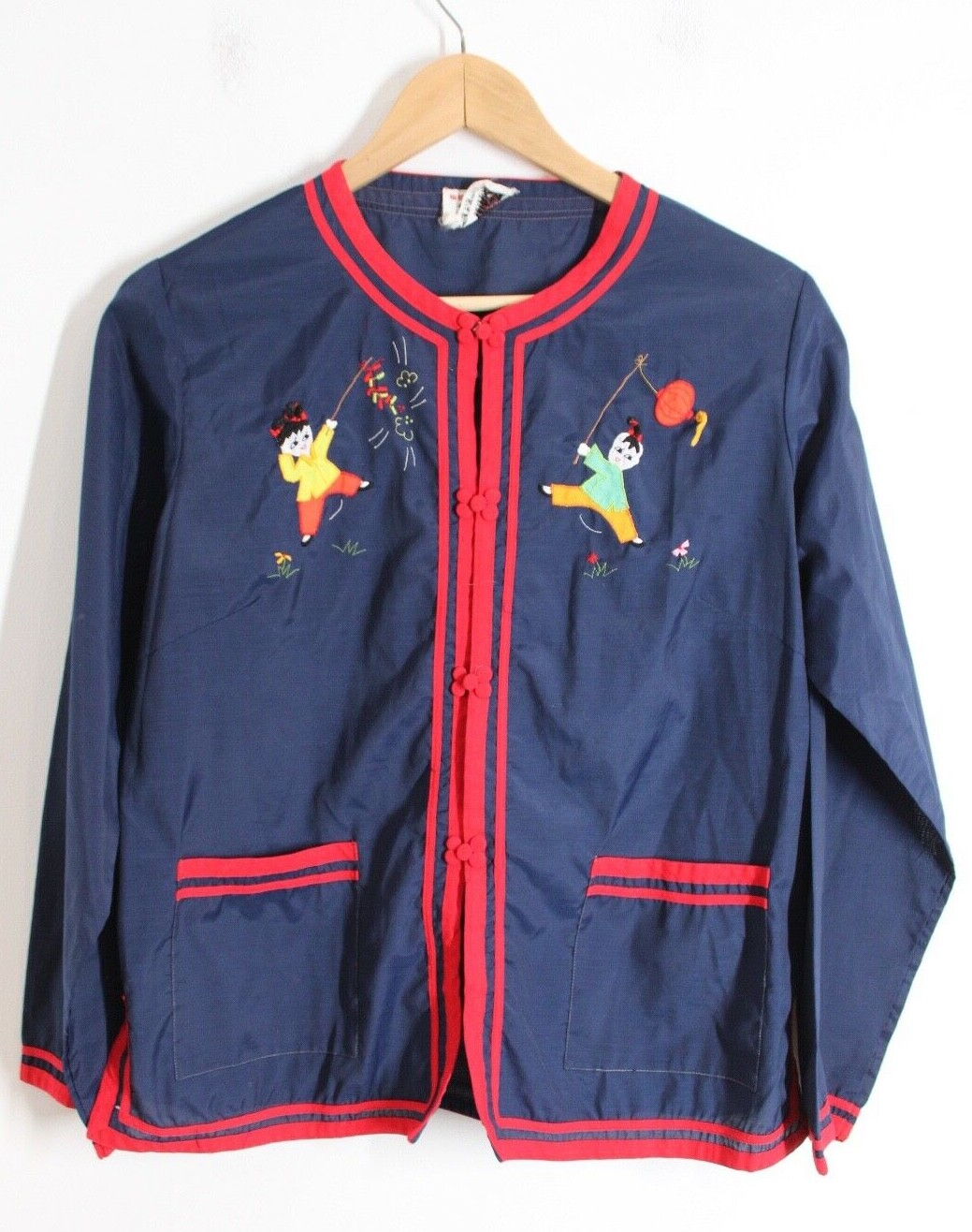 Vtg Plum Blossoms XL Navy Blue Kids Chinese Applique