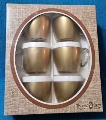 Vintage Thermo Serv Set Of Six Gold & White 7oz Insulated Cups Never Used