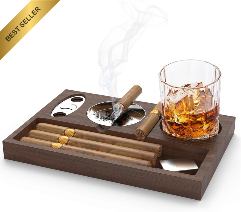 Cigar Ashtray Coaster Whiskey Glass Tray and Wooden Ashtray Come with Cutters In
