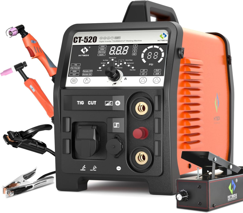 110V/220V 2T/4T-4 in 1 [Air Sensor Technology] 50Amp HF Non-Touch Pilot Arc TIG Welding with Foot Pedal,Stick/Mma/Pulse TIG, Whole LED Display Screen (CT-520)