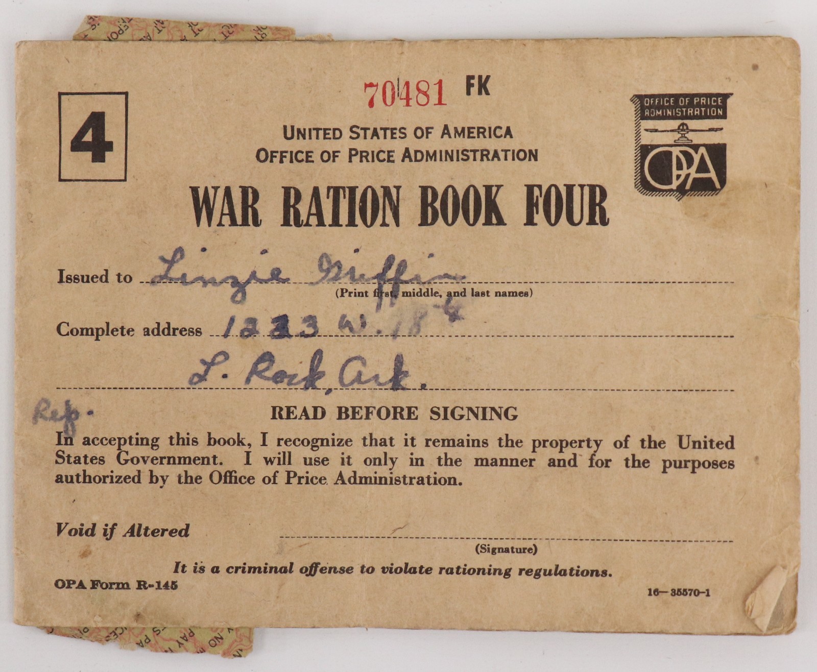 洋書 WAR PAPERS U.S. War Ration Book Four OPA Form R-145 WWII 139 Stamps