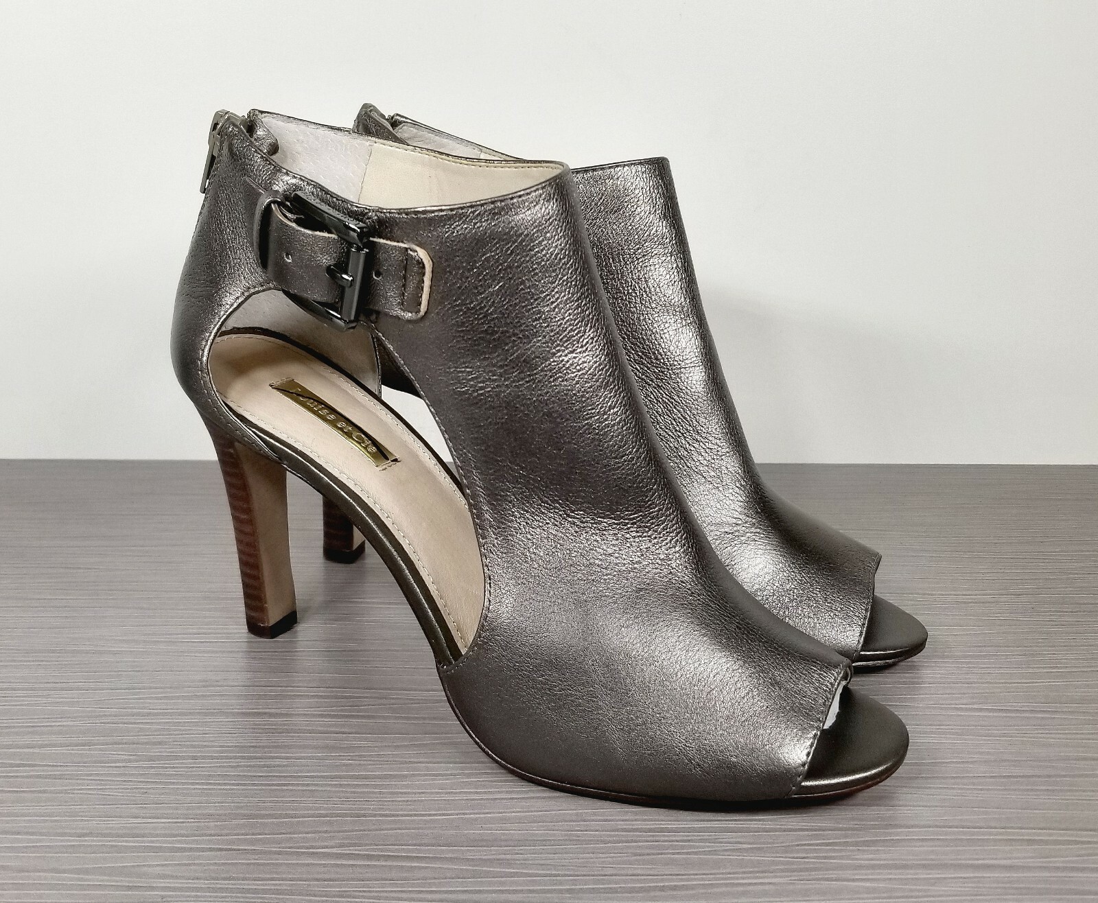 Louise et Cie Olivia Peep Toe Bootie, Pewter Leather, Womens Size 9.5 US / 41
