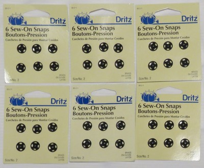 6 Pks of 4 Dritz Sew-On Sewing Snaps - Size 2 -- Black Brass