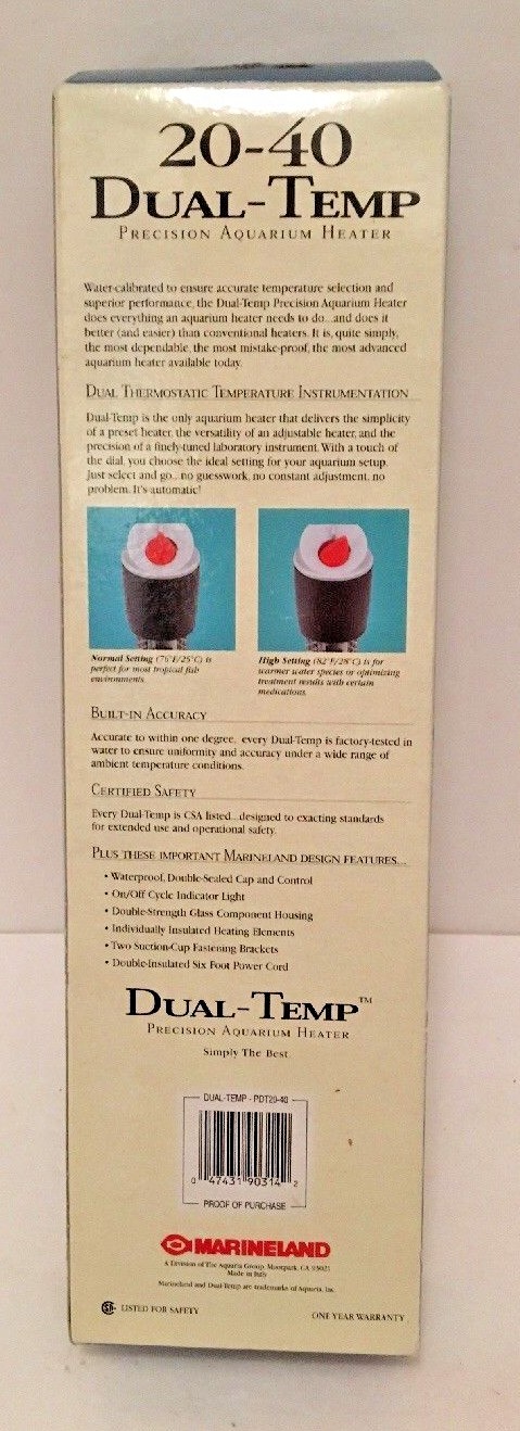 Marineland Aquarium Heater 200w Dual-Temp 20-40 Gallon Submersible Pre-Set NIB