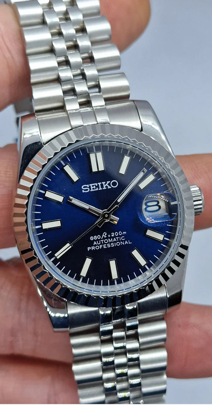 Seikmod Seikojust Aut | Blue Sunburst Dial | Fluted Bezel