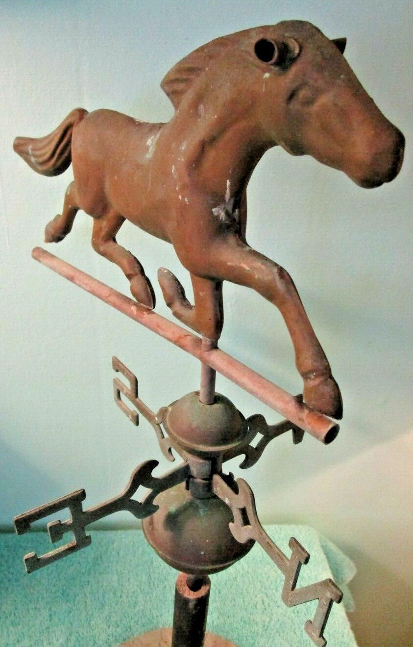 Vintage Antique Copper Brass Weather Vane, Horse, N E W S, Desk Stand, Patina