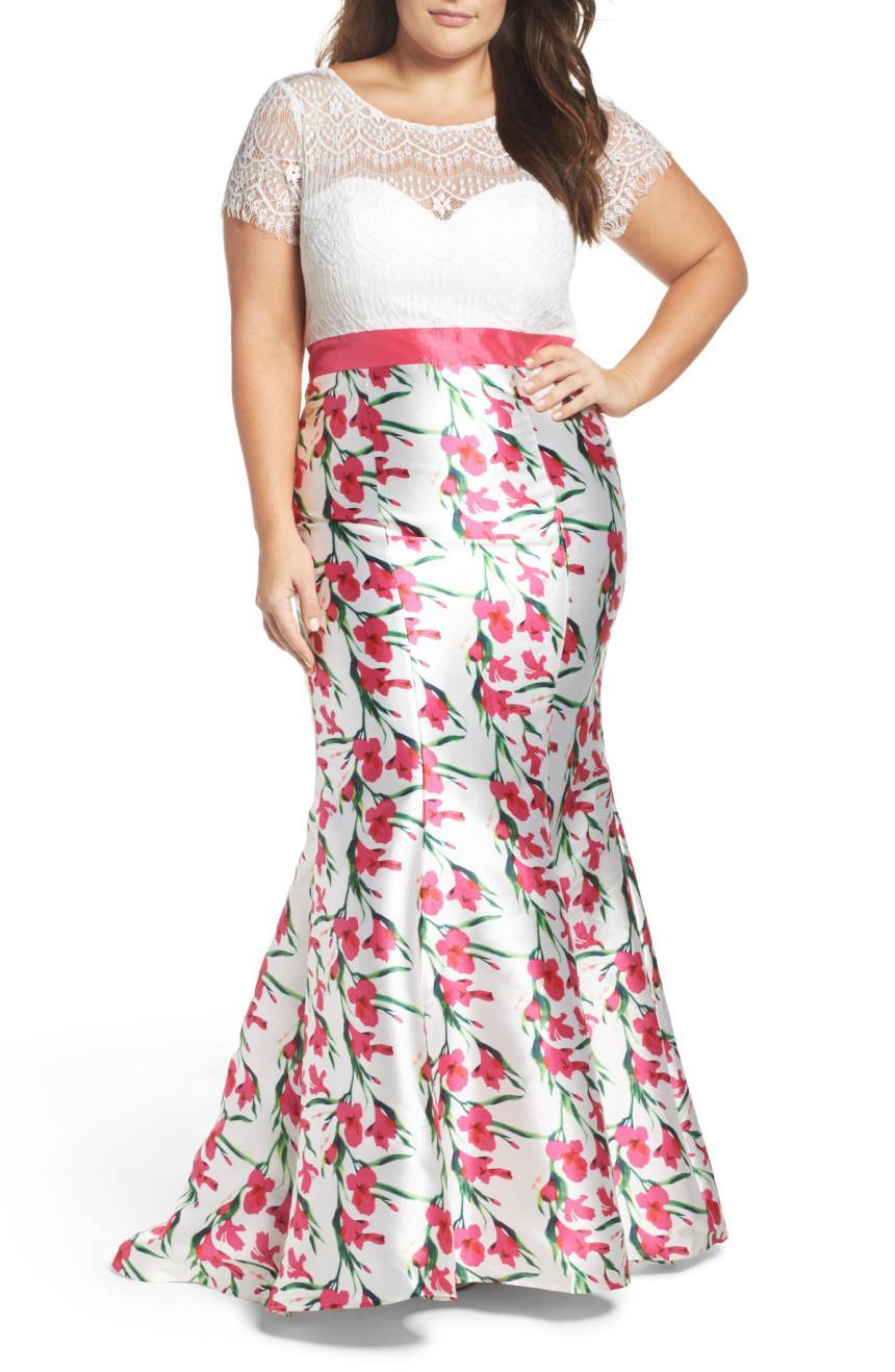 

MAC DUGGAL 77168F Бело-розовое прозрачное кружевное платье с короткими рукавами и цветочным принтом «русалка», 16 Вт, Многоцветный, 77168F