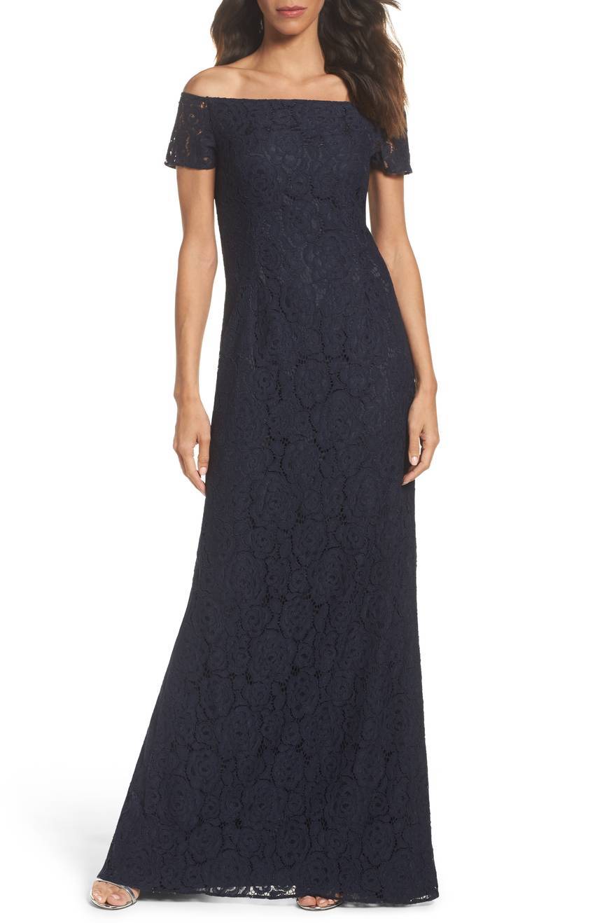 Adrianna Papell☆エレガントなネイビードレープバックドレス NWT Adrianna Papell Off the Shoulder Gown Midgnight Navy