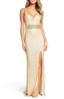 

НОВЫЙ MAC DUGGAL 1070L Glam Goddess, знойное платье с v-образным вырезом и высоким разрезом золотого цвета, расшитое бисером  США, Золотой