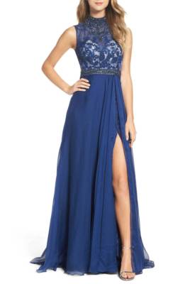 

NWD MAC DUGGAL 62383A Синее сапфировое кружевное иллюзорное шифоновое платье с высоким разрезом и бисером, Синий, 62383A