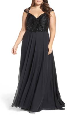 

NEW MAC DUGGAL 77116F Черное платье с кружевным лифом и шифоновой юбкой из бисера  14, Черный