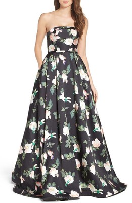 

IEENA Mac Duggal 8882I Черное бальное платье без бретелек с цветочным принтом и бальной юбкой  США, Multicolor