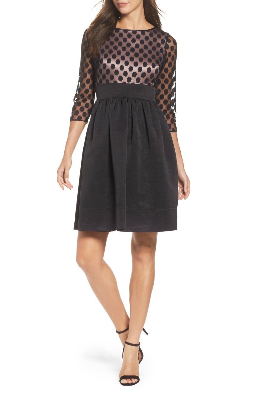 ELIZA J 135387 Womans Black Dot Mesh Bodice 3/4 Sleeve Fit & Flare Dress Size 2