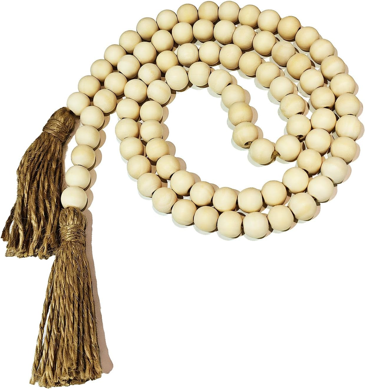 Wood Bead Garland Tassels 59in White Washed Farmhouse Tiered Tray Boho Decor