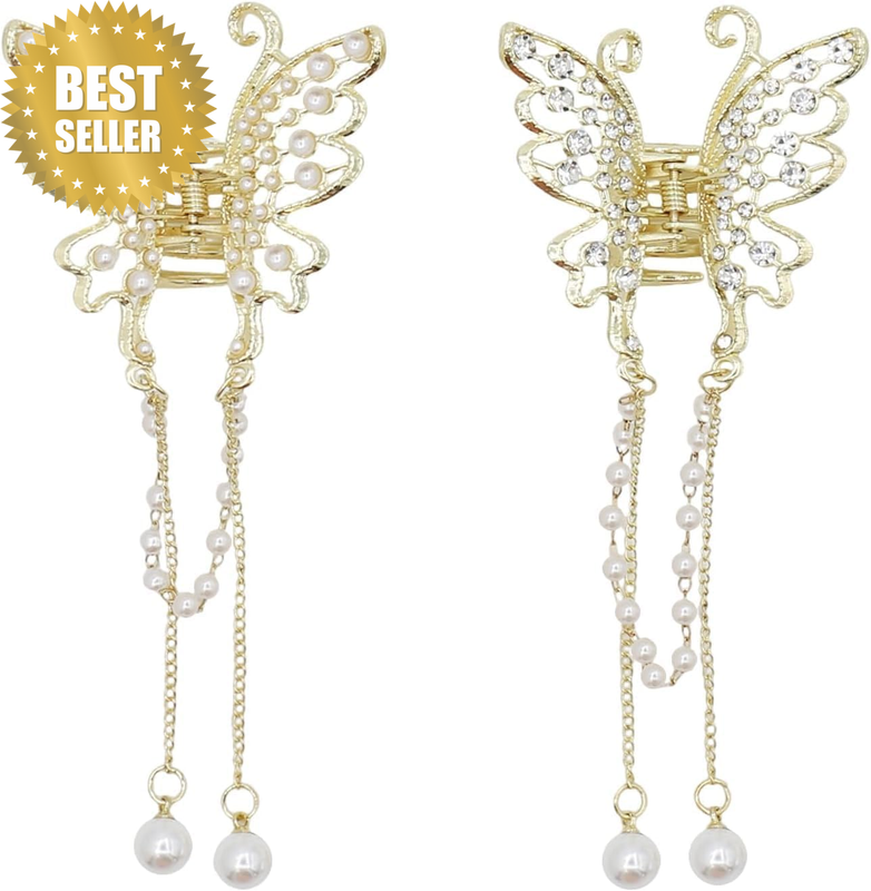 2Pcs Butterfly Hair Claw Clips,Gold Flower Lily of the Valley Butterfly Hair Cla