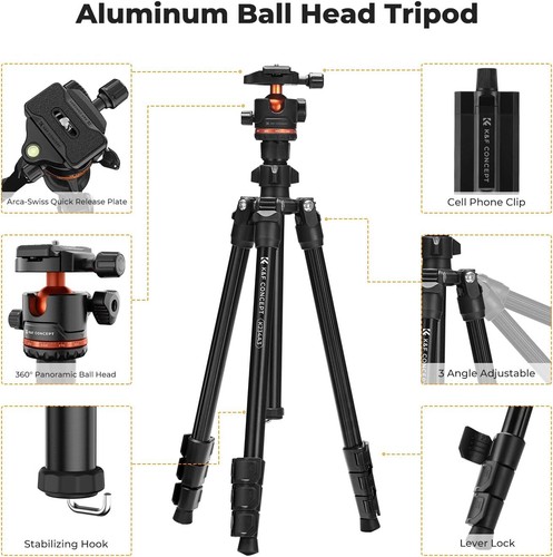 K&F Concept 70" Camera Tripod Lightweight Travel DSLR Tripod with 360° Ball Head